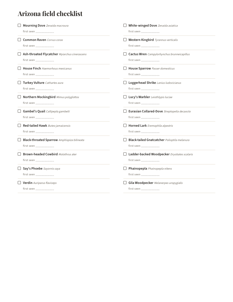 A page from Birds of Arizona: Arizona field checklist