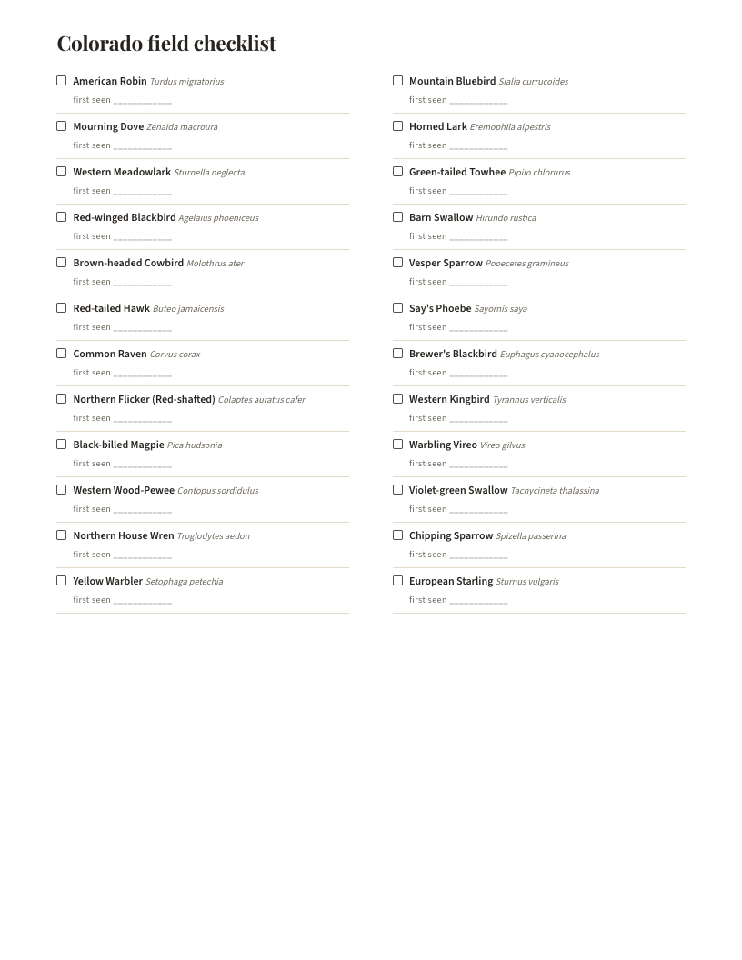 A page from Birds of Colorado: Colorado field checklist