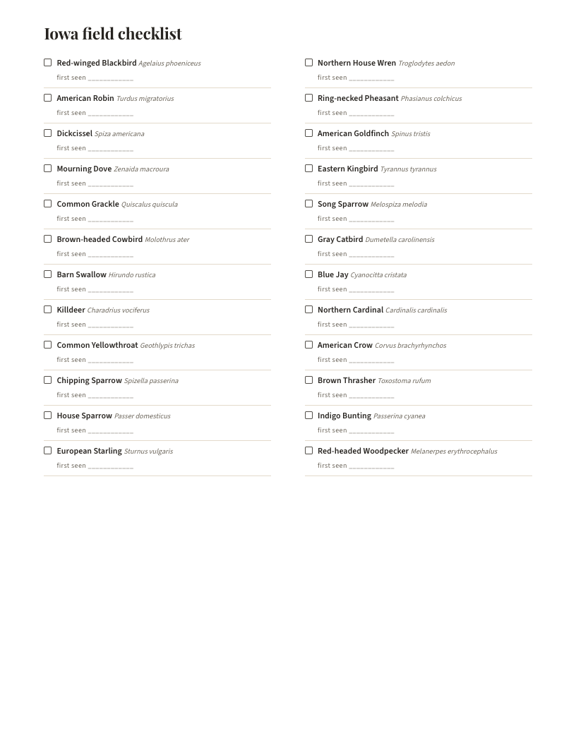 A page from Birds of Iowa: Iowa field checklist