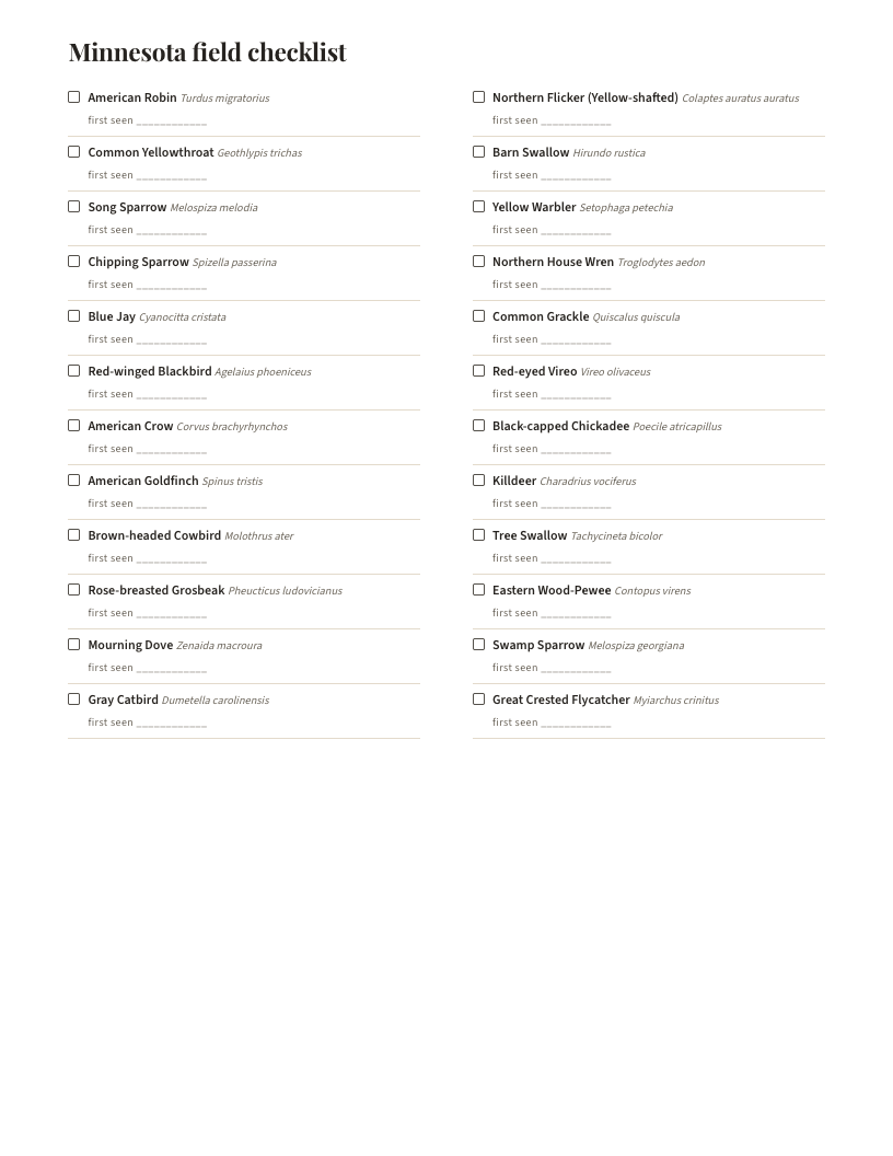 A page from Birds of Minnesota: Minnesota field checklist