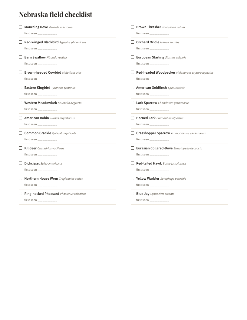 A page from Birds of Nebraska: Nebraska field checklist