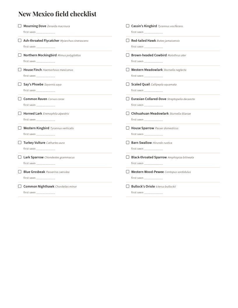 A page from Birds of New Mexico: New Mexico field checklist