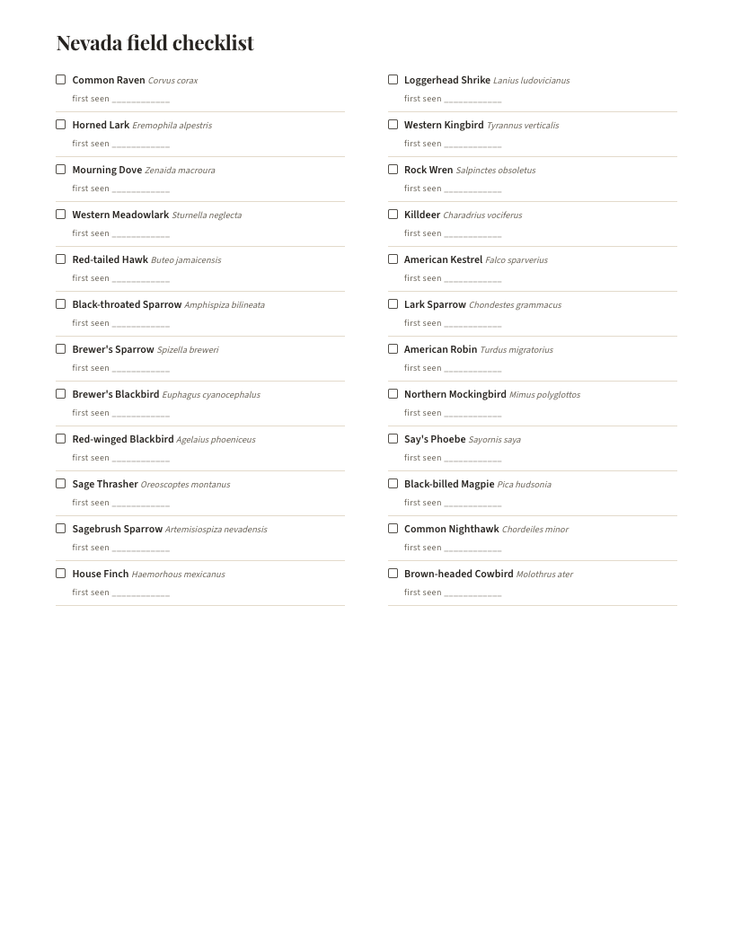 A page from Birds of Nevada: Nevada field checklist