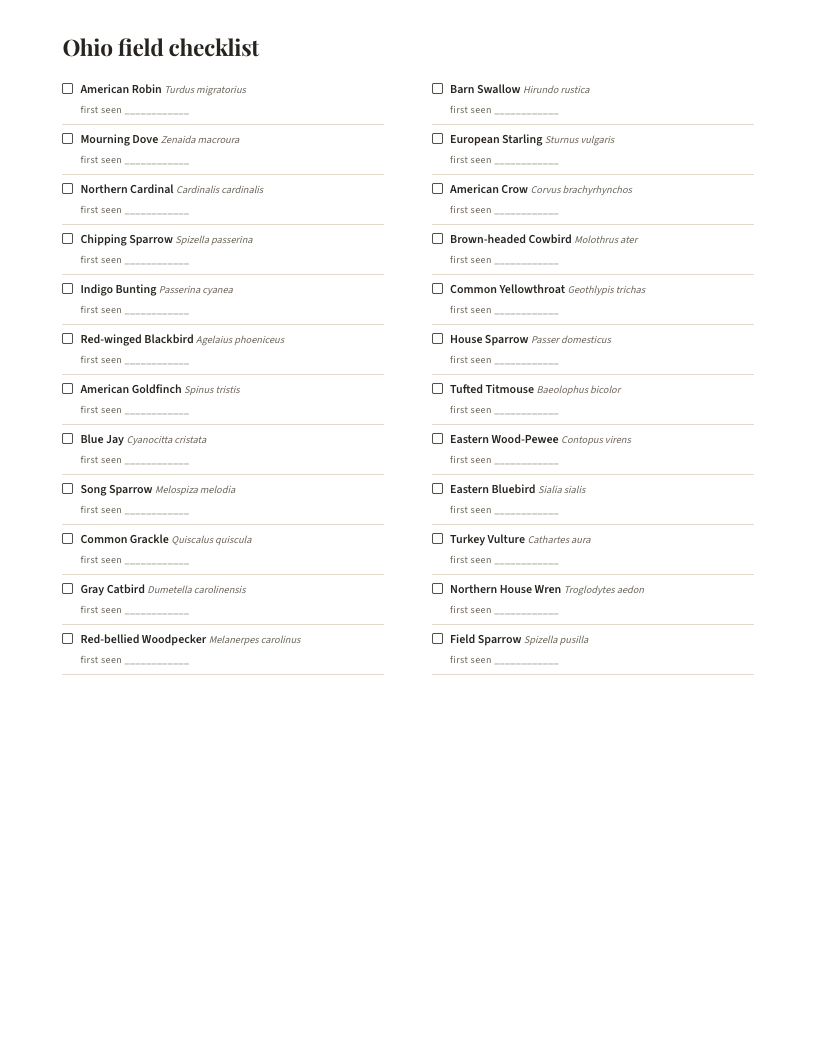 A page from Birds of Ohio: Ohio field checklist