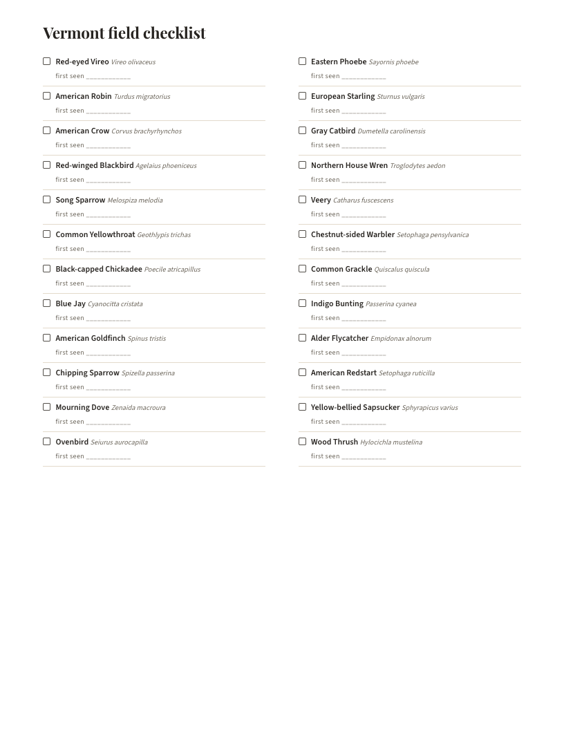A page from Birds of Vermont: Vermont field checklist