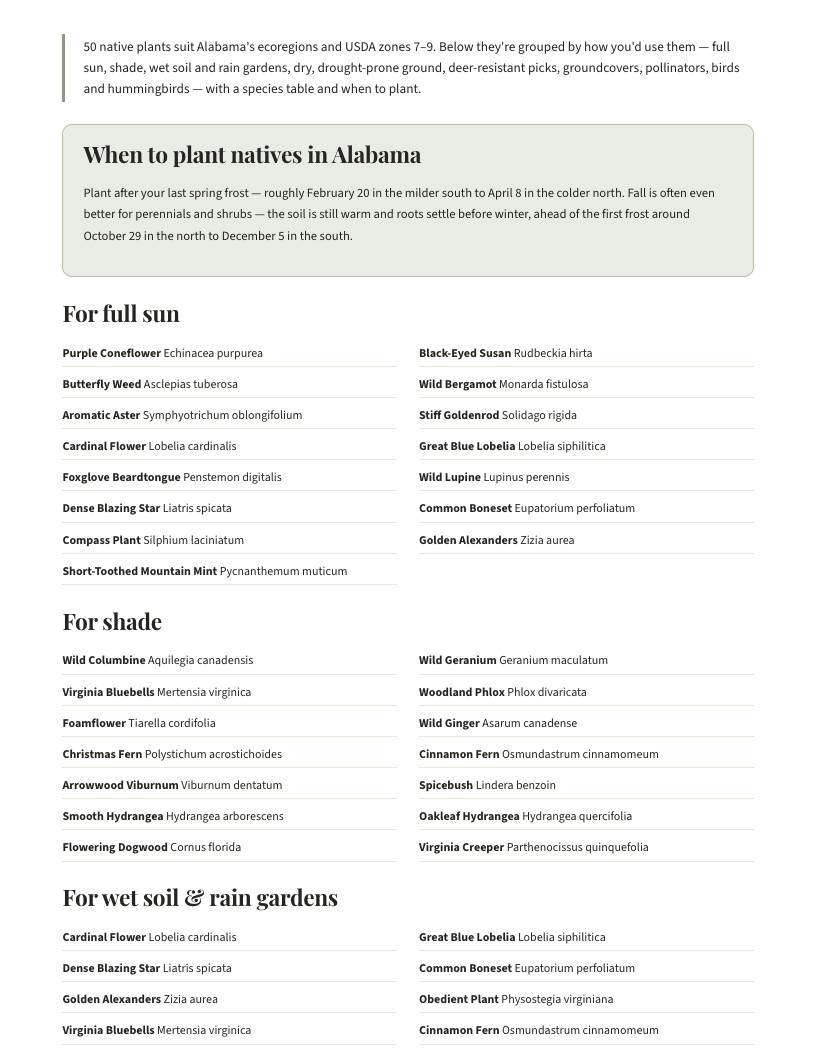 A page from Native Plants of Alabama: When to plant natives in Alabama