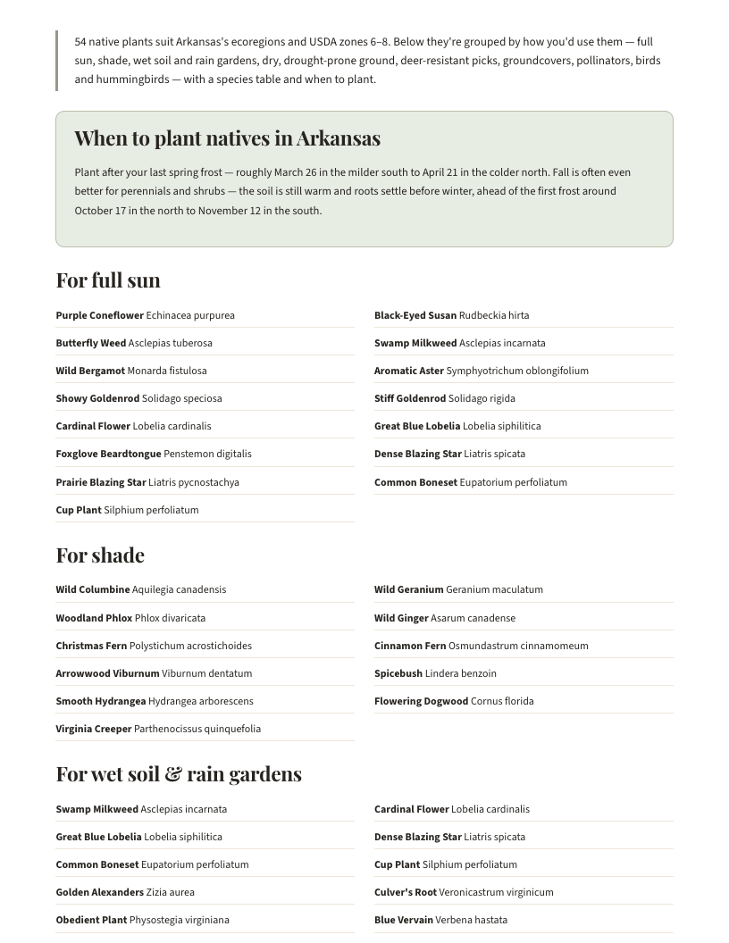 A page from Native Plants of Arkansas: When to plant natives in Arkansas