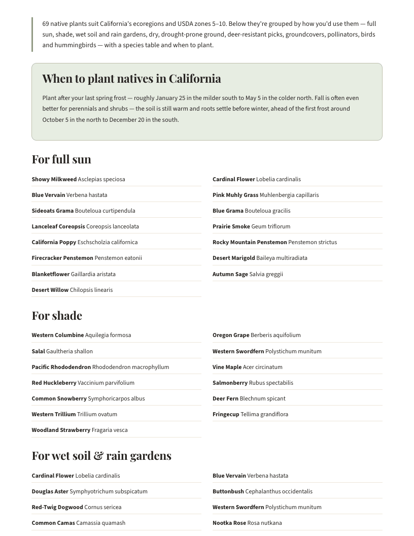 A page from Native Plants of California: When to plant natives in California