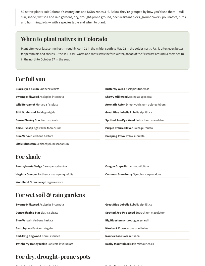 A page from Native Plants of Colorado: When to plant natives in Colorado