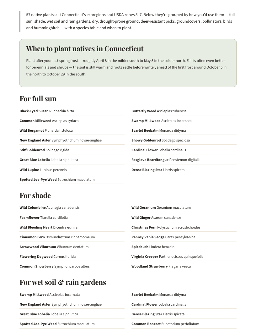 A page from Native Plants of Connecticut: When to plant natives in Connecticut