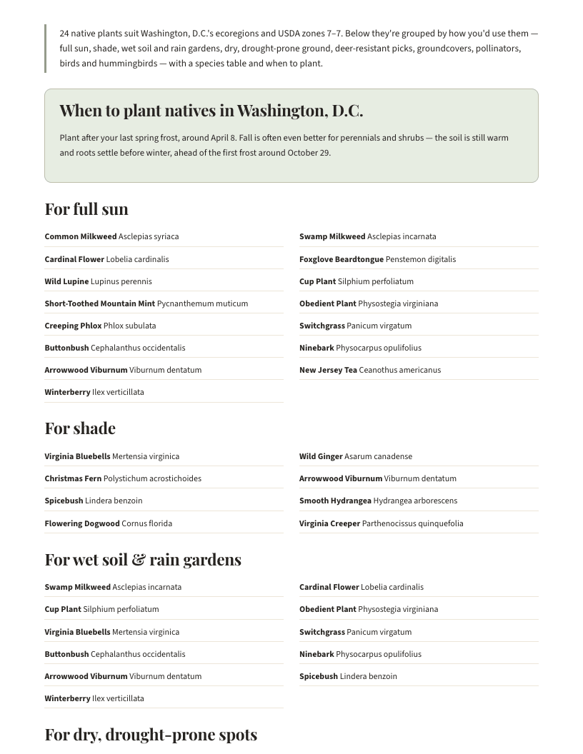 A page from Native Plants of Washington, D.C.: When to plant natives in Washington, D.C.