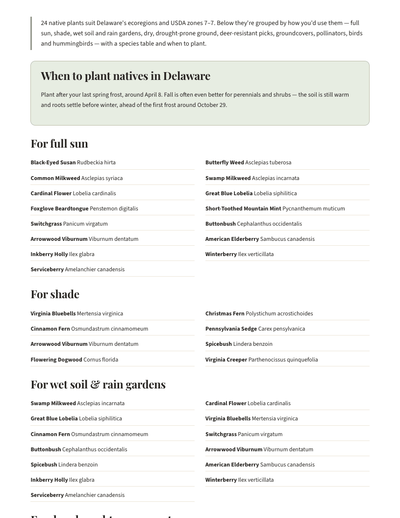 A page from Native Plants of Delaware: When to plant natives in Delaware