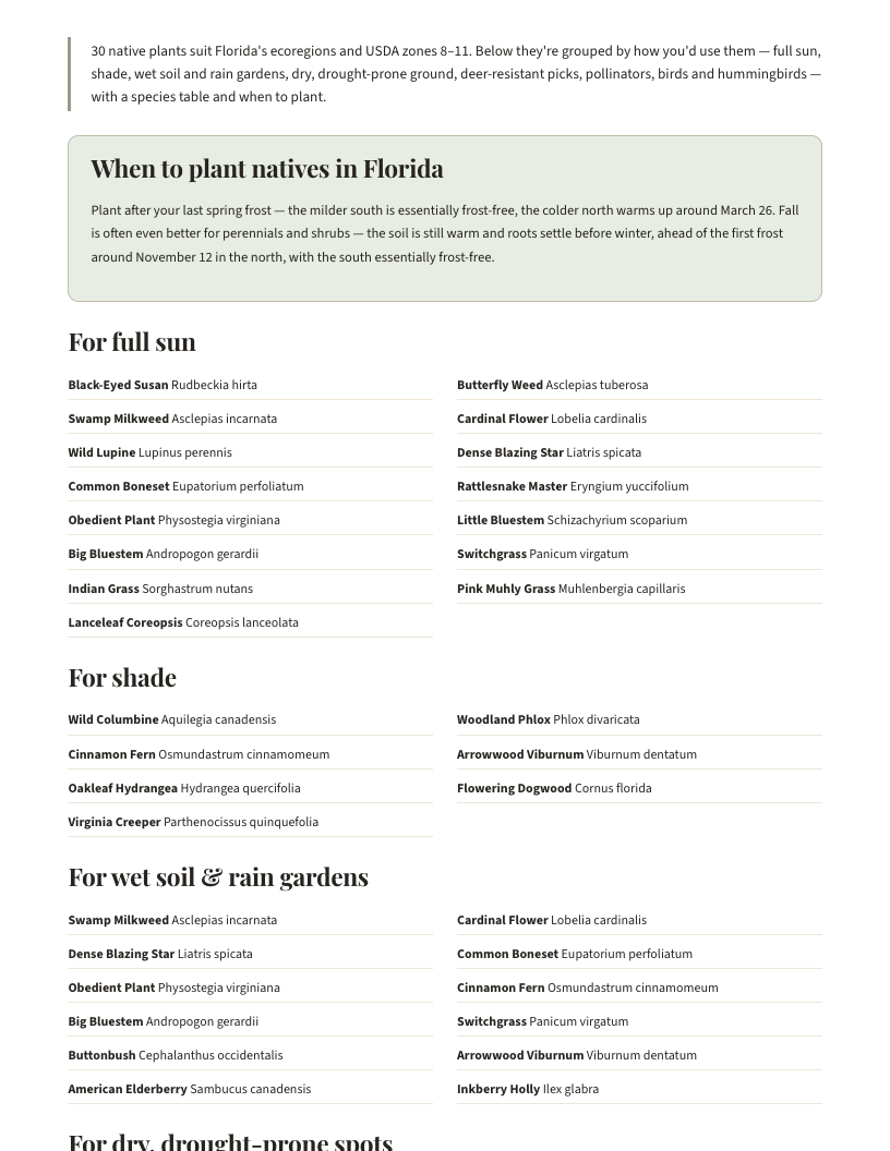 A page from Native Plants of Florida: When to plant natives in Florida