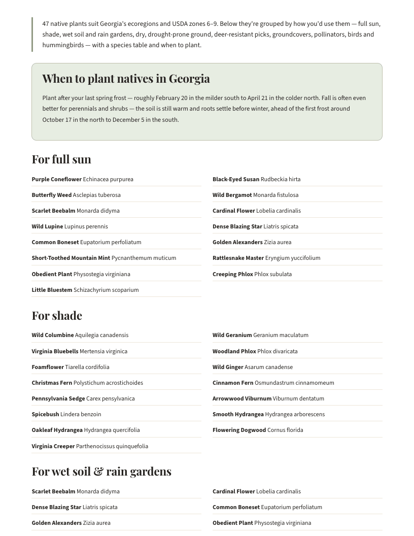A page from Native Plants of Georgia: When to plant natives in Georgia