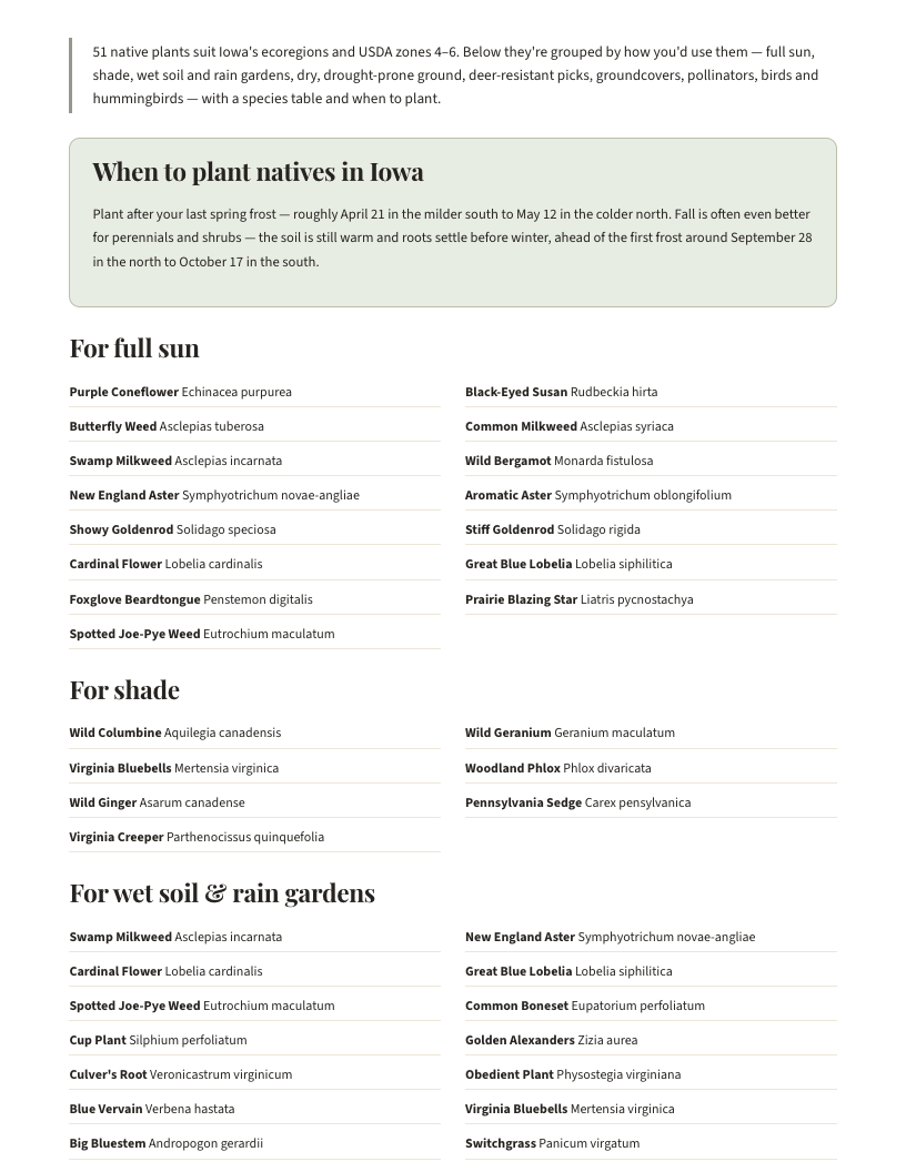A page from Native Plants of Iowa: When to plant natives in Iowa