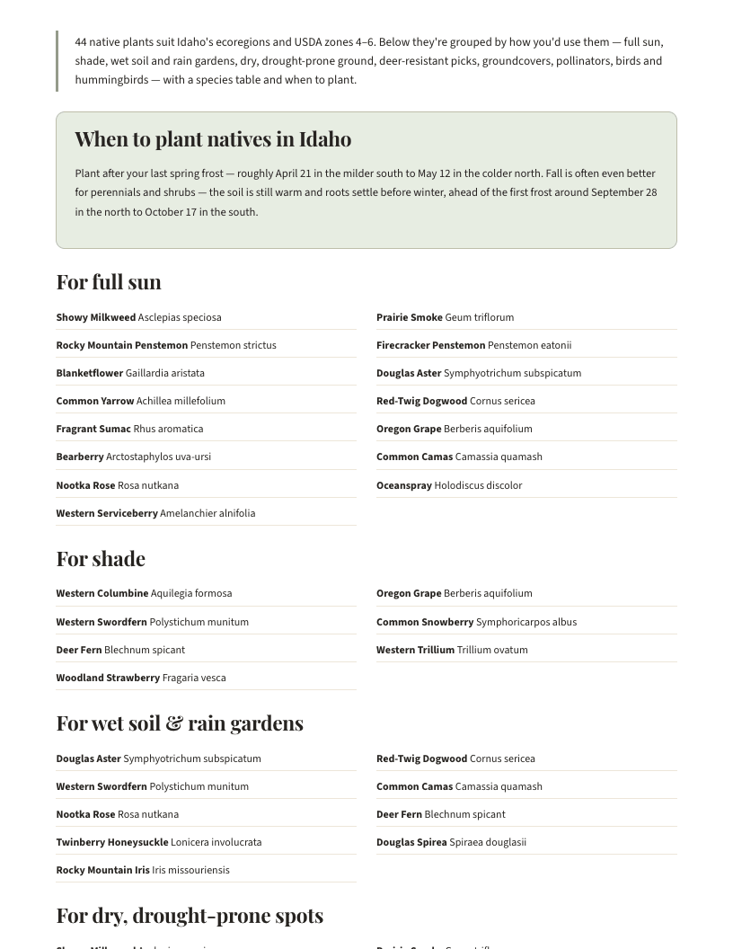 A page from Native Plants of Idaho: When to plant natives in Idaho