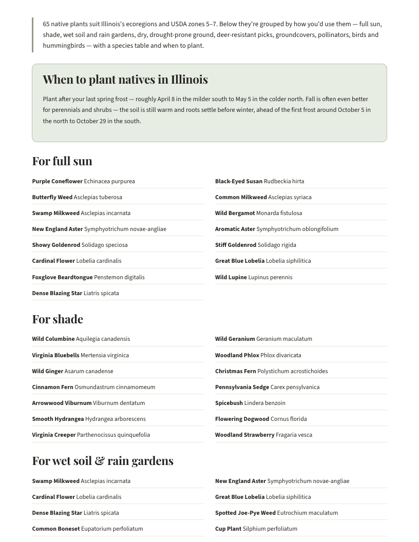 A page from Native Plants of Illinois: When to plant natives in Illinois