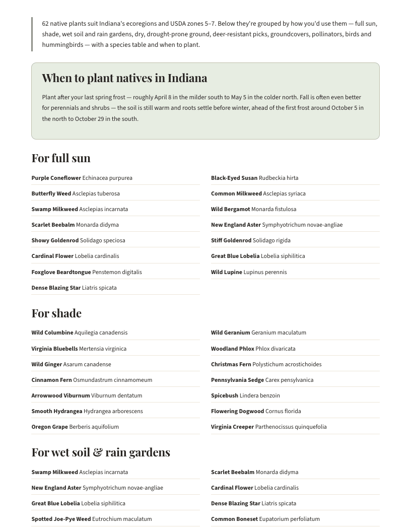 A page from Native Plants of Indiana: When to plant natives in Indiana