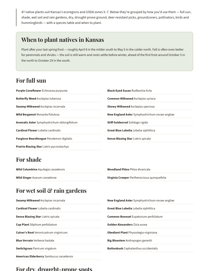 A page from Native Plants of Kansas: When to plant natives in Kansas