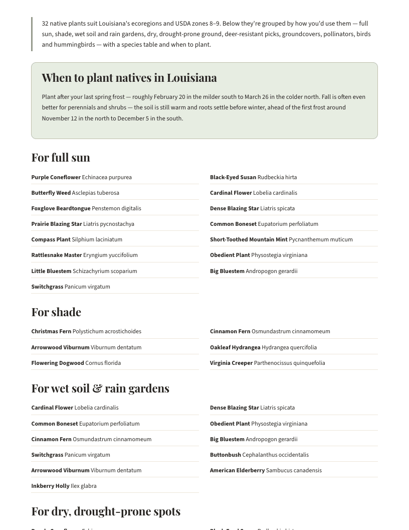 A page from Native Plants of Louisiana: When to plant natives in Louisiana