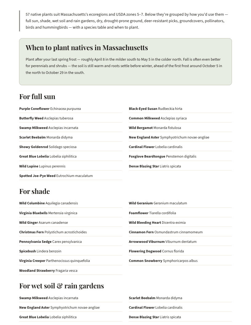 A page from Native Plants of Massachusetts: When to plant natives in Massachusetts