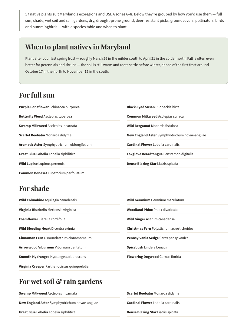 A page from Native Plants of Maryland: When to plant natives in Maryland