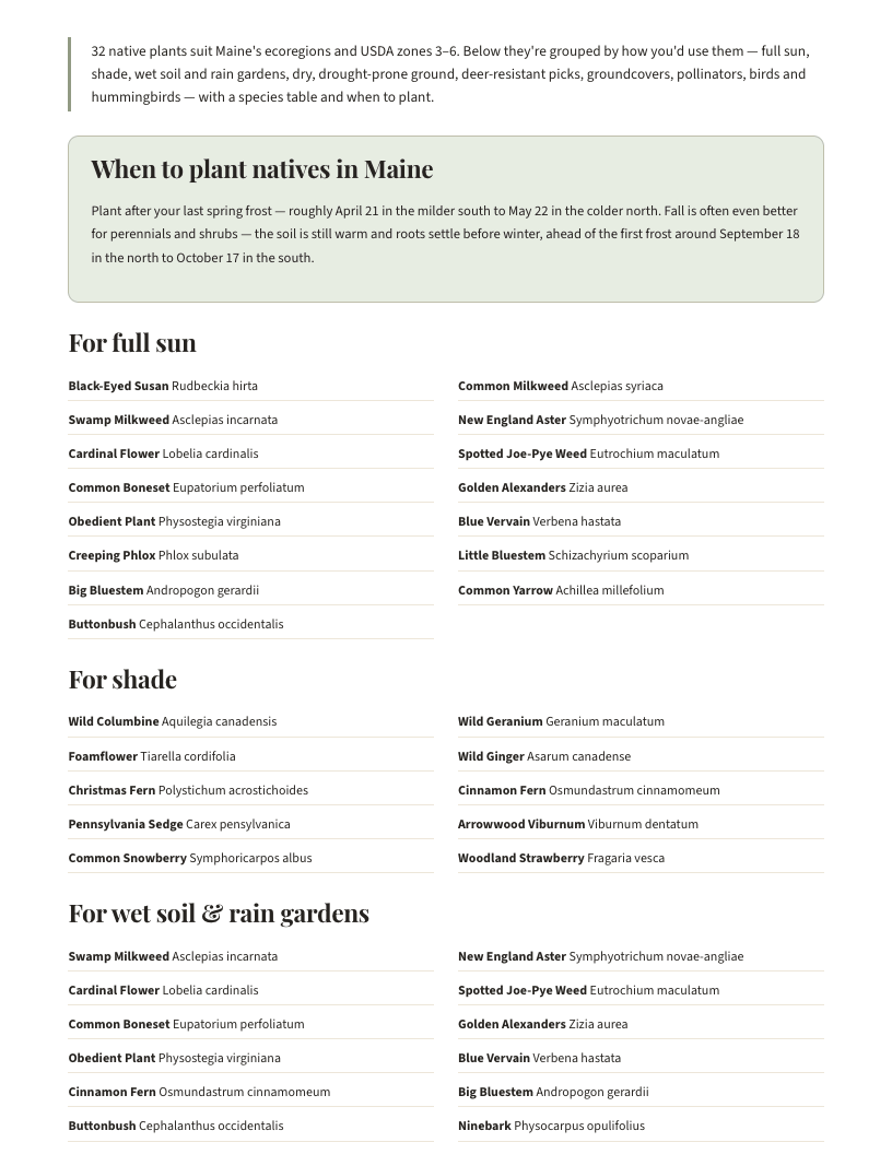 A page from Native Plants of Maine: When to plant natives in Maine