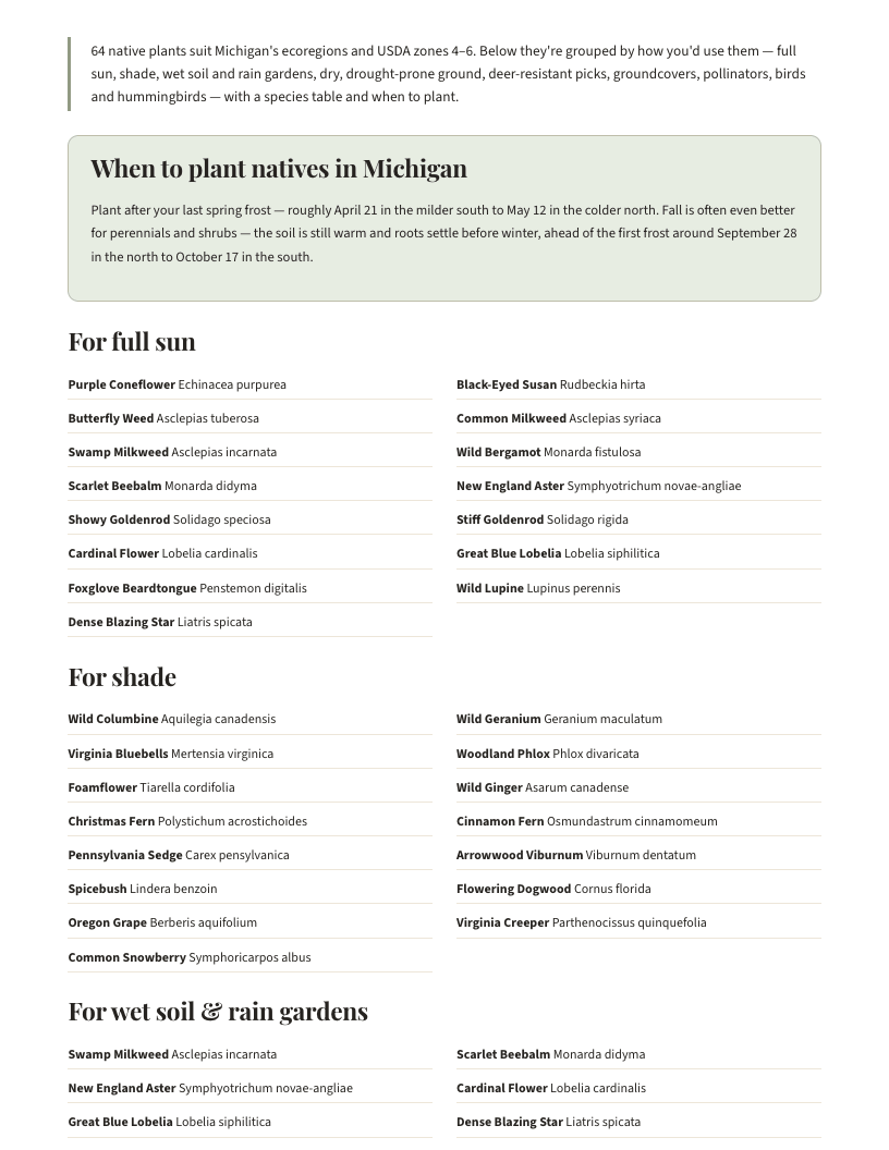 A page from Native Plants of Michigan: When to plant natives in Michigan