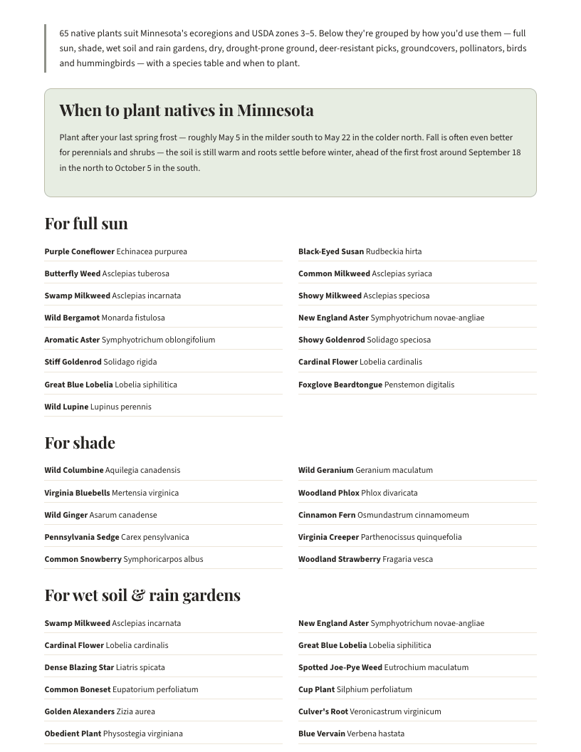 A page from Native Plants of Minnesota: When to plant natives in Minnesota