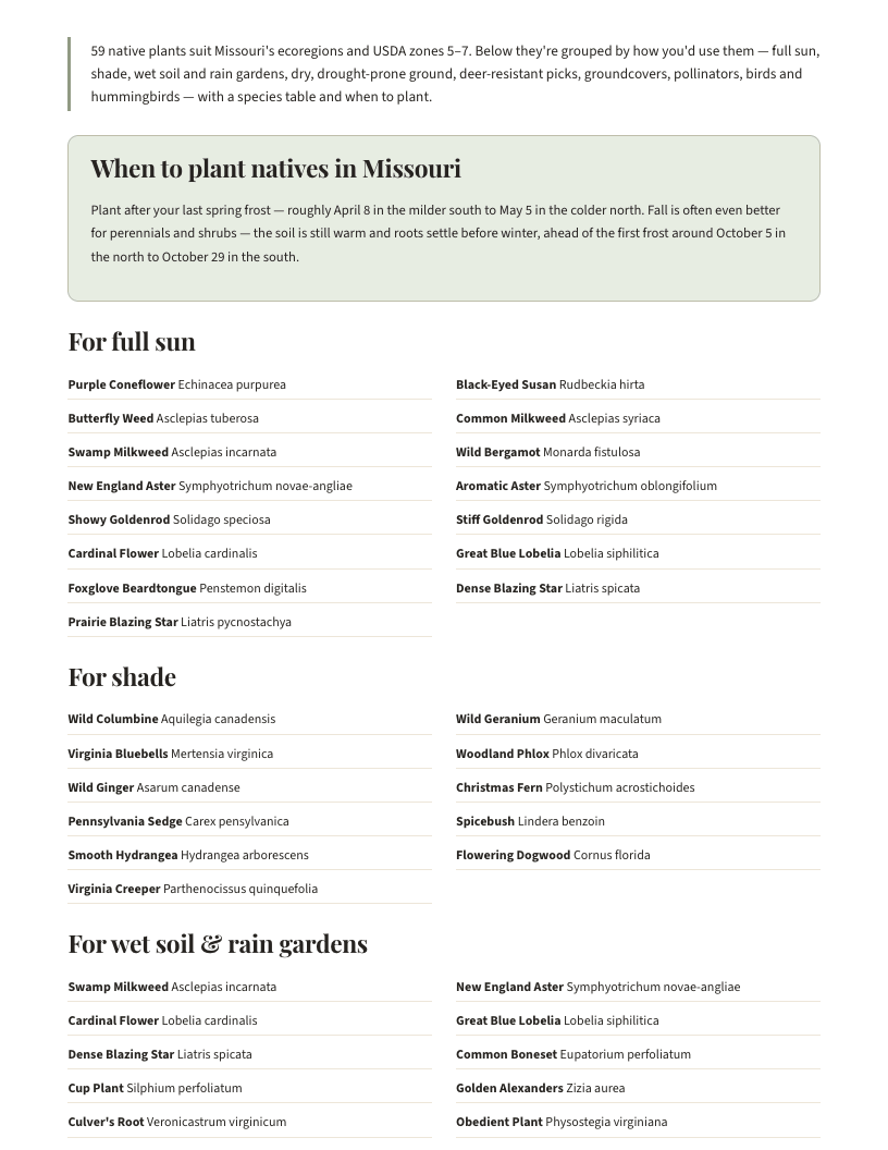 A page from Native Plants of Missouri: When to plant natives in Missouri