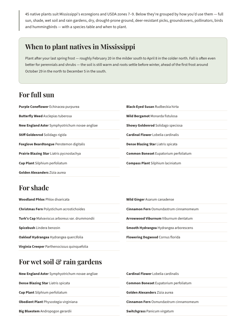 A page from Native Plants of Mississippi: When to plant natives in Mississippi