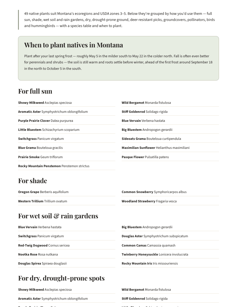 A page from Native Plants of Montana: When to plant natives in Montana