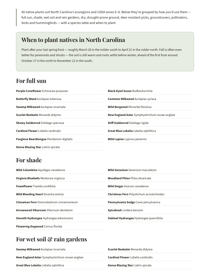 A page from Native Plants of North Carolina: When to plant natives in North Carolina