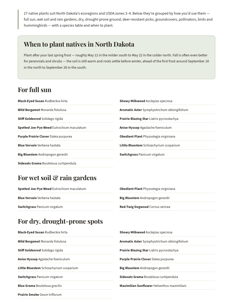 A page from Native Plants of North Dakota: When to plant natives in North Dakota