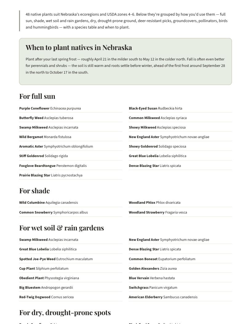 A page from Native Plants of Nebraska: When to plant natives in Nebraska