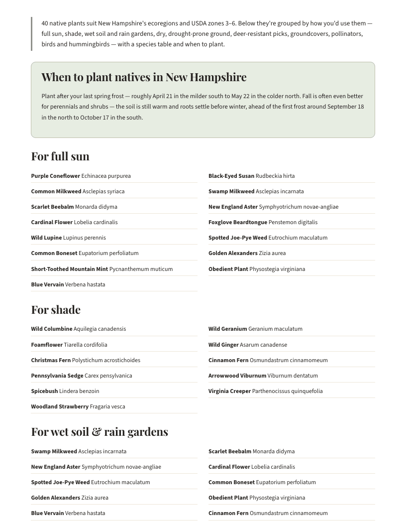 A page from Native Plants of New Hampshire: When to plant natives in New Hampshire