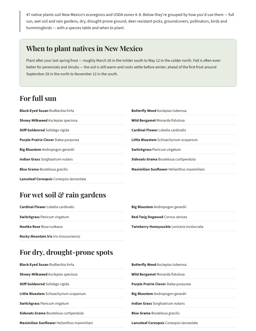 A page from Native Plants of New Mexico: When to plant natives in New Mexico