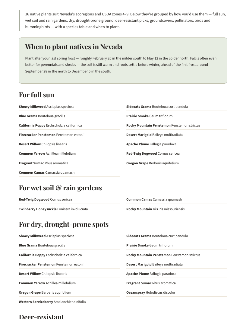 A page from Native Plants of Nevada: When to plant natives in Nevada