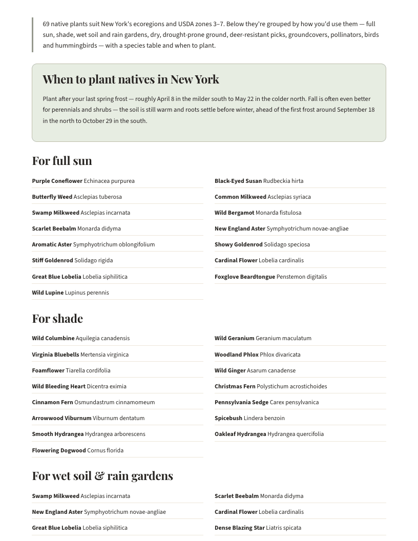 A page from Native Plants of New York: When to plant natives in New York
