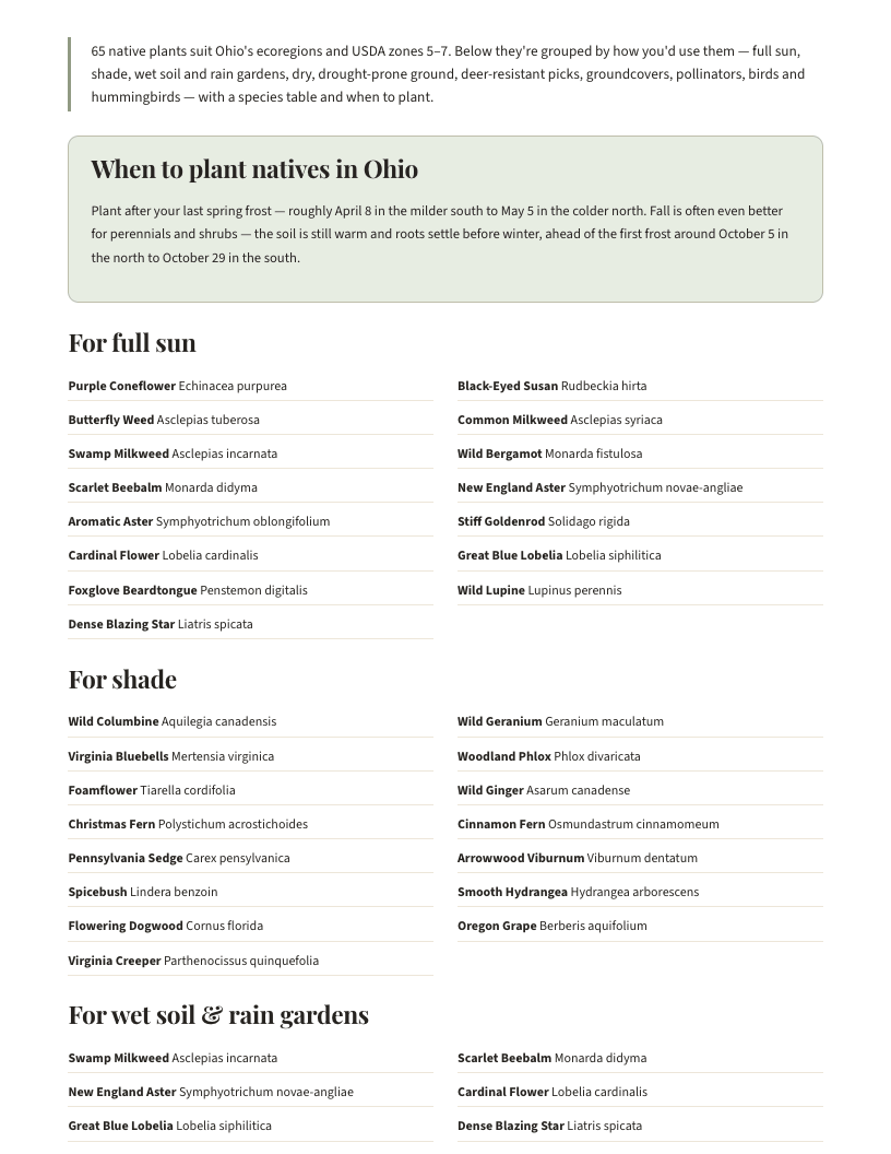 A page from Native Plants of Ohio: When to plant natives in Ohio