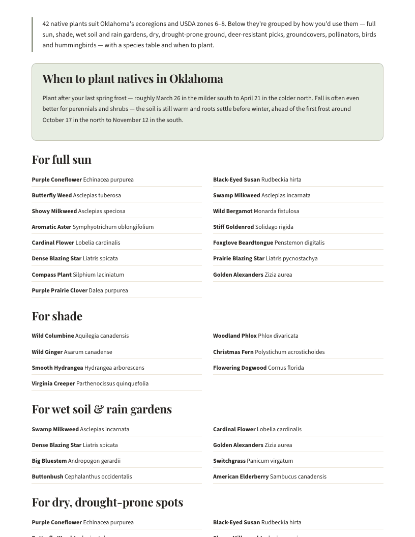 A page from Native Plants of Oklahoma: When to plant natives in Oklahoma