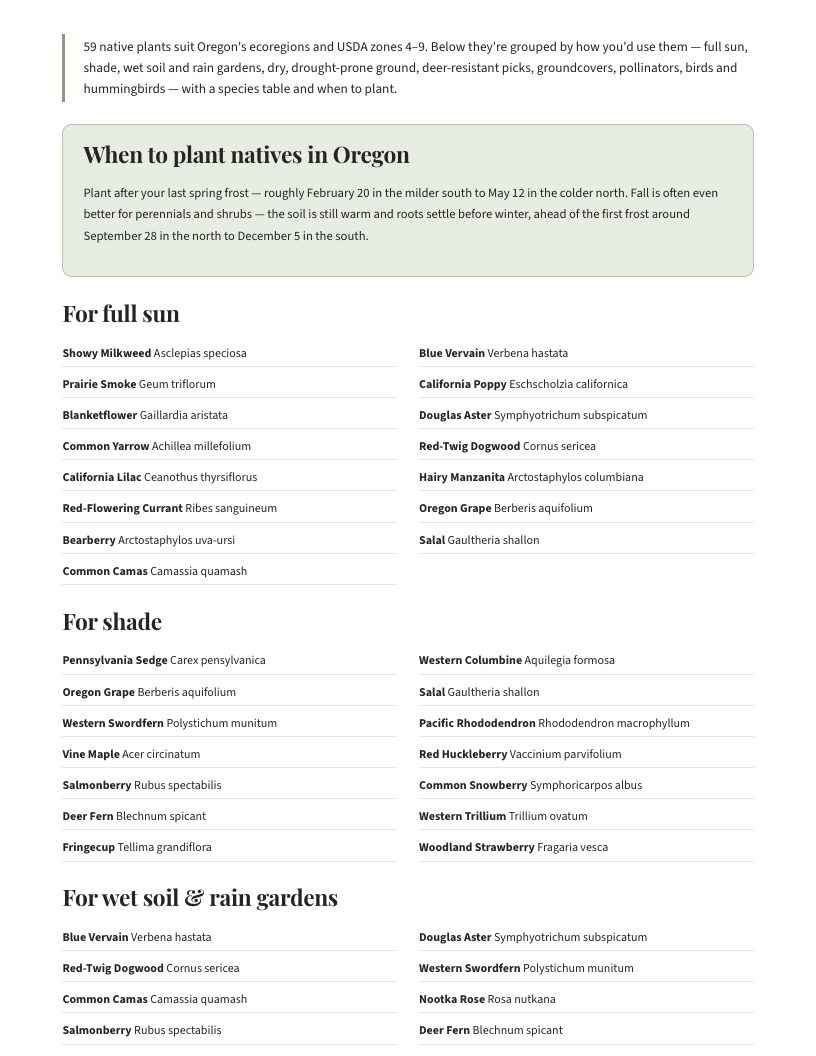 A page from Native Plants of Oregon: When to plant natives in Oregon