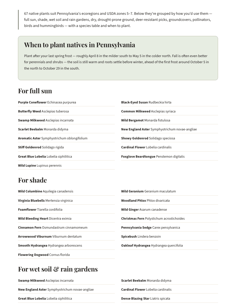 A page from Native Plants of Pennsylvania: When to plant natives in Pennsylvania