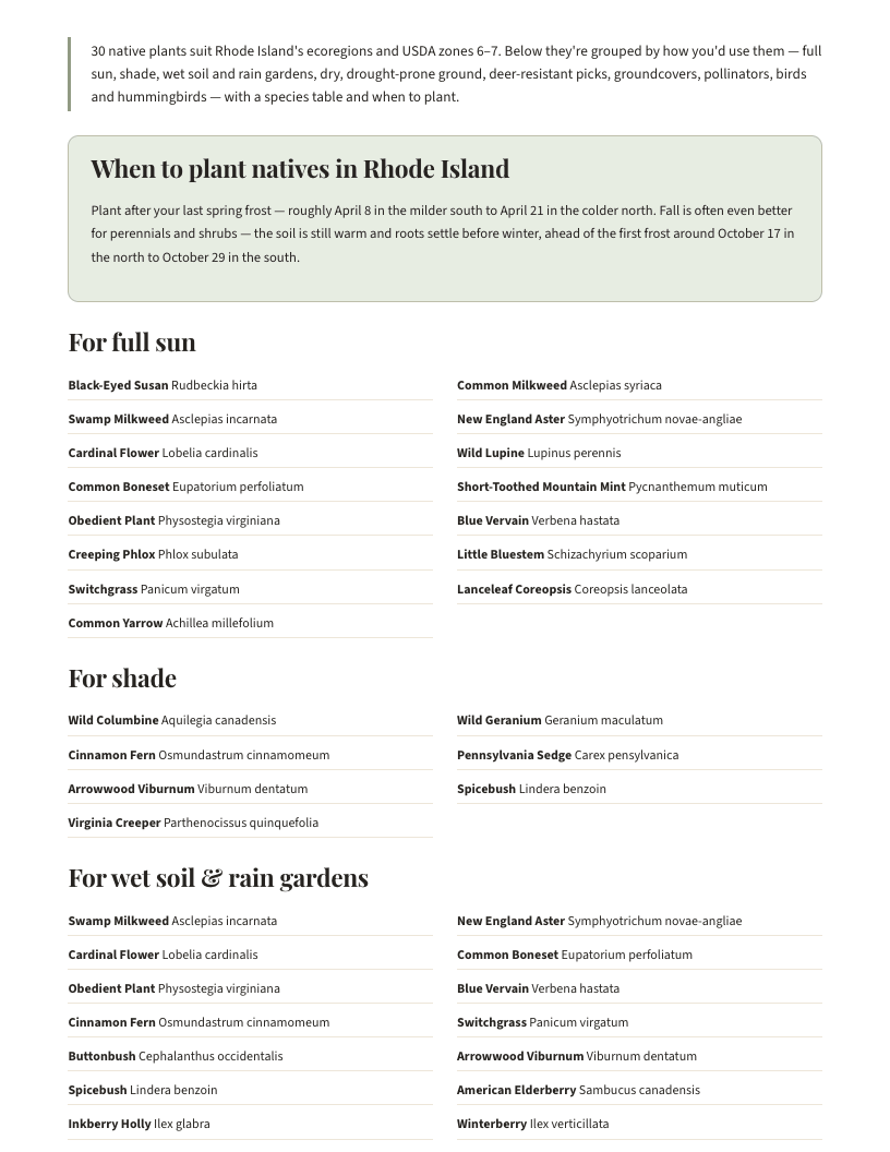 A page from Native Plants of Rhode Island: When to plant natives in Rhode Island