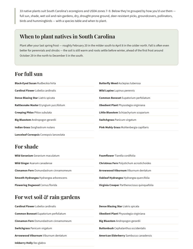 A page from Native Plants of South Carolina: When to plant natives in South Carolina