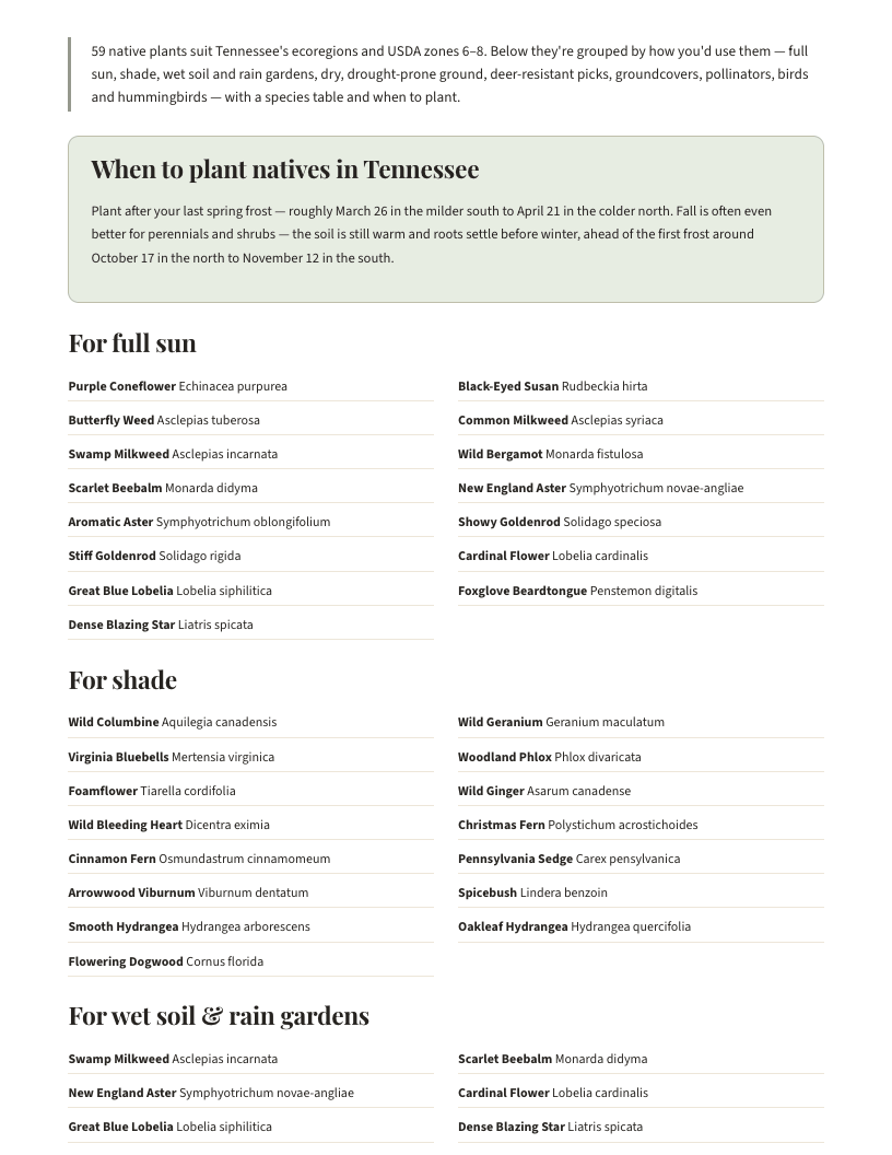 A page from Native Plants of Tennessee: When to plant natives in Tennessee