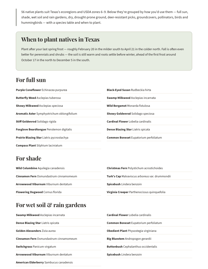A page from Native Plants of Texas: When to plant natives in Texas