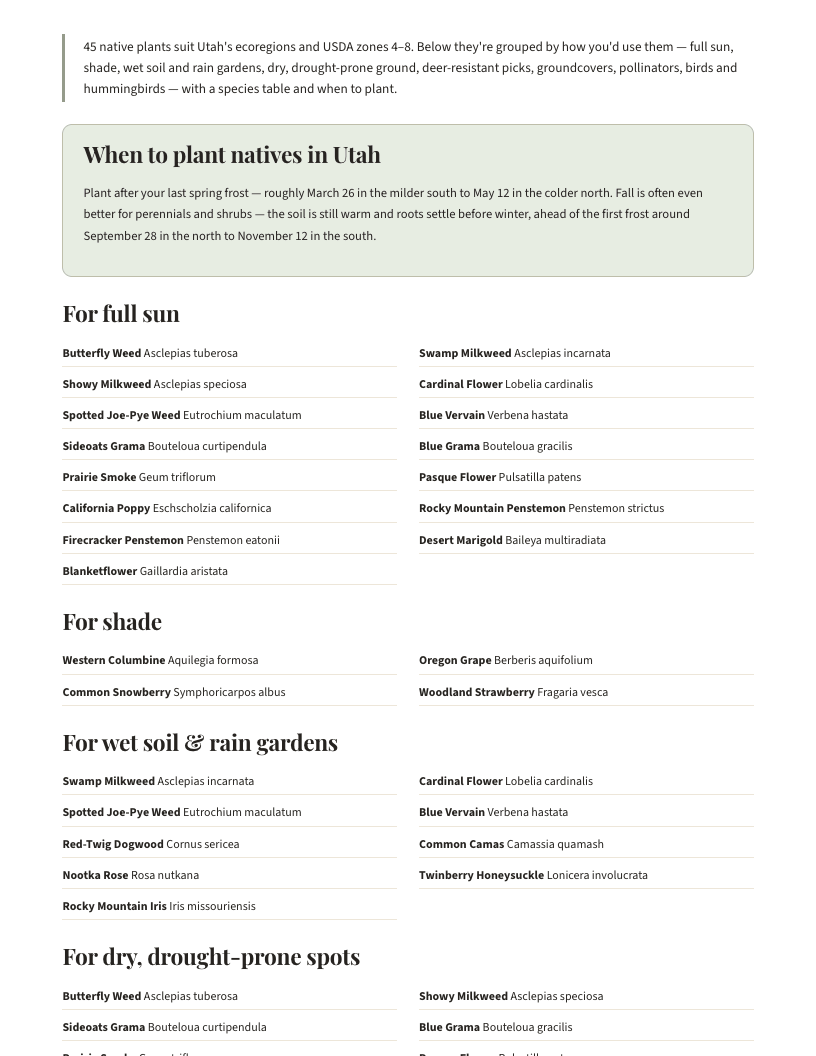 A page from Native Plants of Utah: When to plant natives in Utah