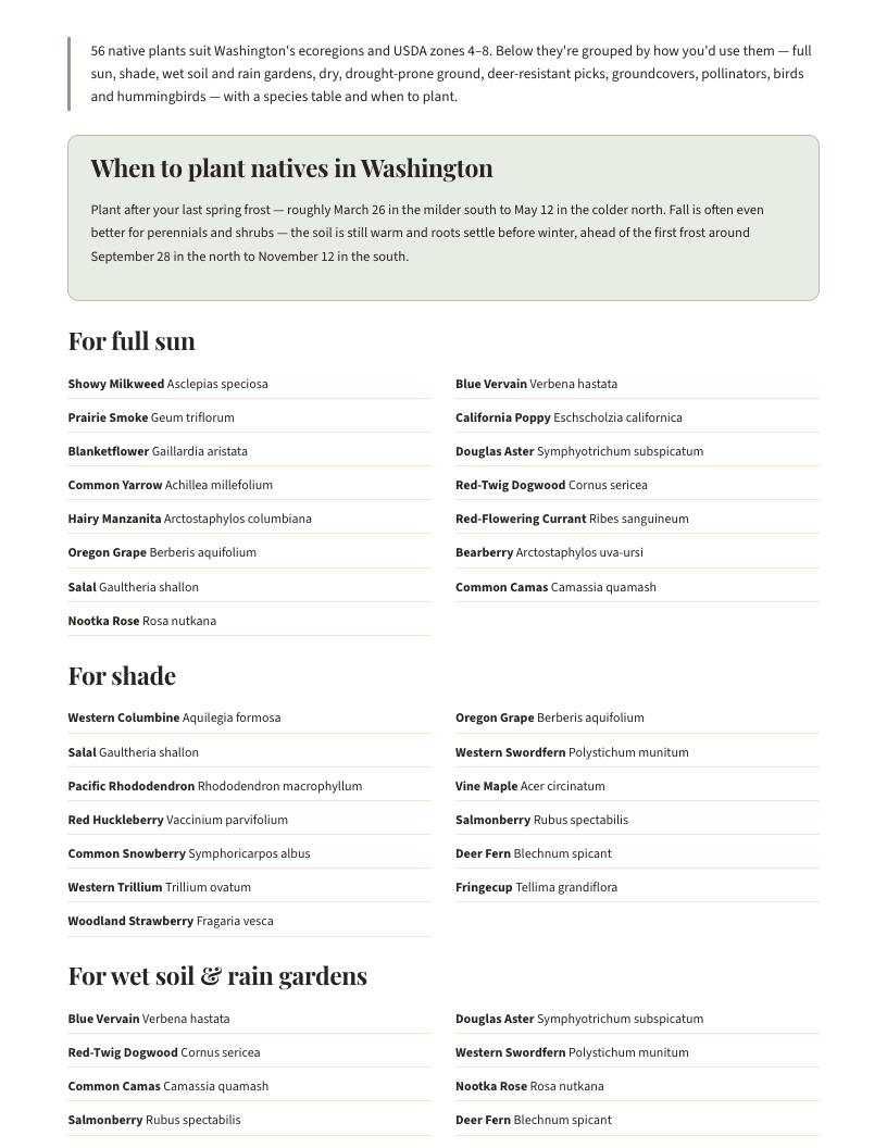 A page from Native Plants of Washington: When to plant natives in Washington