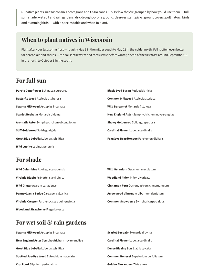 A page from Native Plants of Wisconsin: When to plant natives in Wisconsin